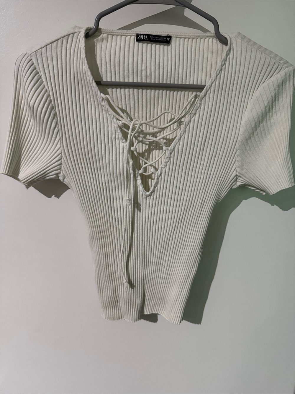 Zara Cream Ribbed Lace-Up Short Sleeve Top